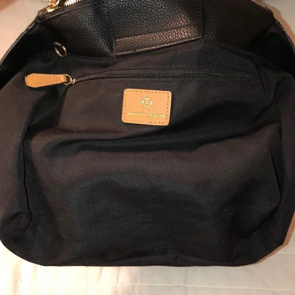 nanette lepore Darryl Color Block Black Camel Ivory Faux Leather Satchel